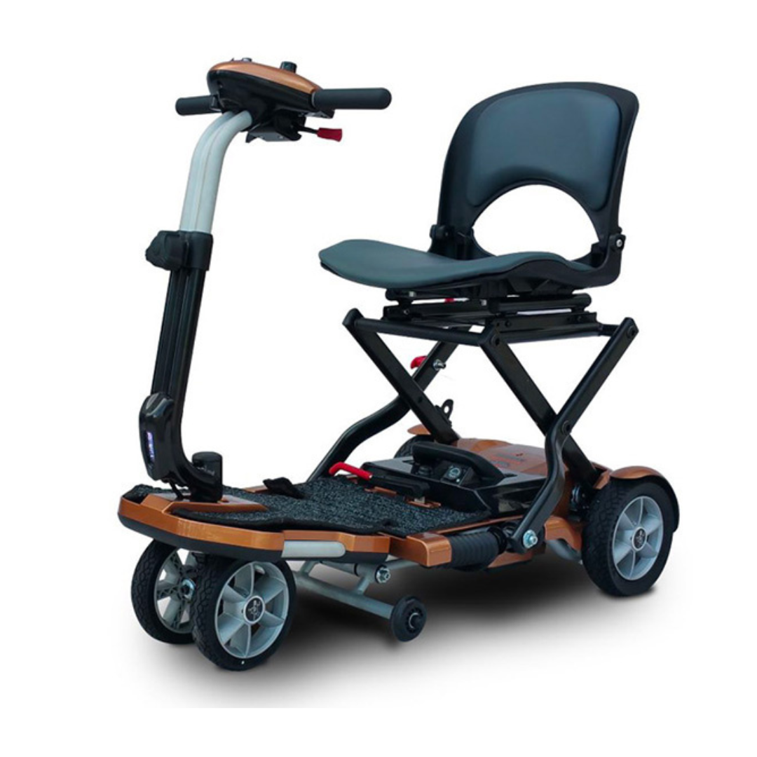 The EV Rider Transport Plus Portable Mobility Scooter features a compact, foldable design with a black seat and backrest, four wheels, and handlebars, making it easy to transport and ideal for enhanced accessibility.